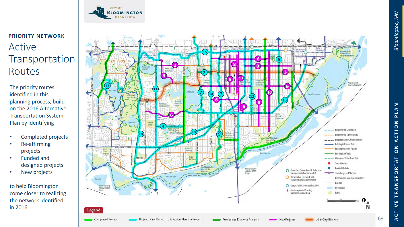 A map of Bloomington, showing current and planned active transportation routes.